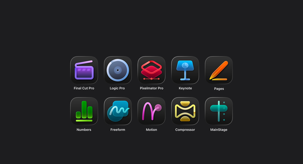 Apple Creator Studio 的各款 app 圖示，包括 Final Cut Pro、Logic Pro、Pixelmator Pro、Keynote、Pages、Numbers、Freeform、Motion、Compressor、MainStage