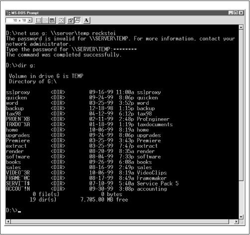 Results of the NET USE command