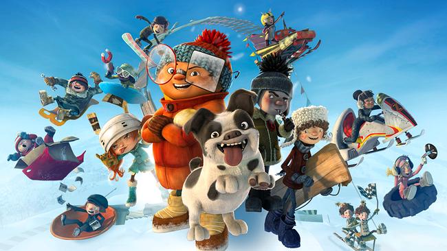 Animation - Winter-Szene mit fröhlichen Kindern, einem Hund und verschiedenen Schlittenrennen im Schnee