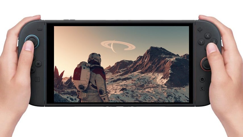 A person playing a Switch 2 with a screenshot from Starfield showing an astronaut exploring a rocky planet overlaid on the screen to make it look as though it is being played on Nintendo's console