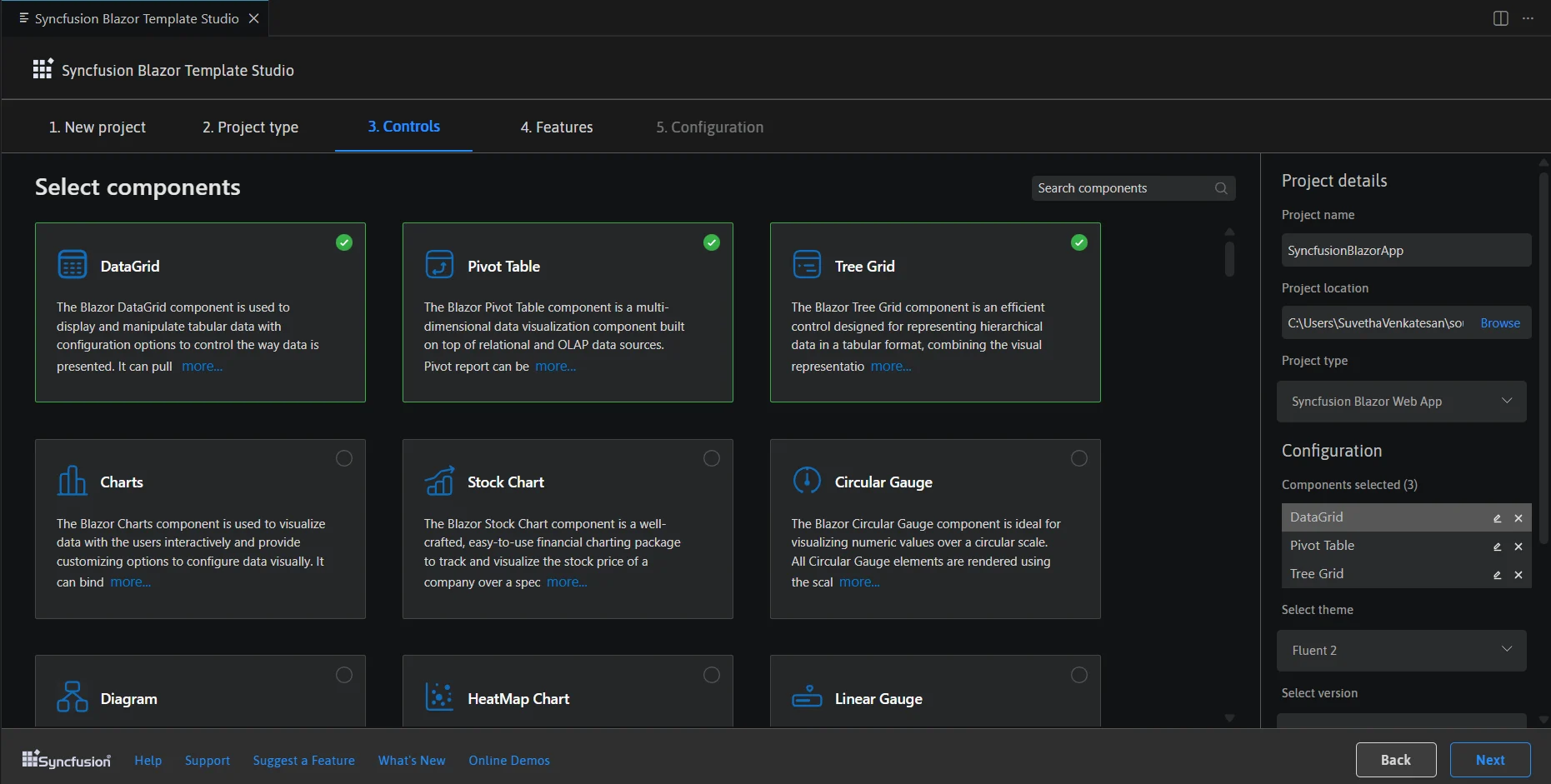 Controls tab listing Blazor components
