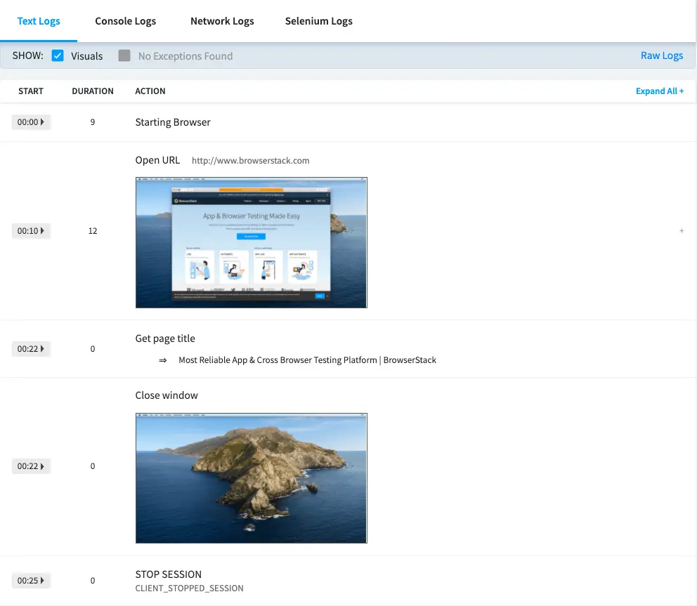 BrowserStack Automate Visual Logs