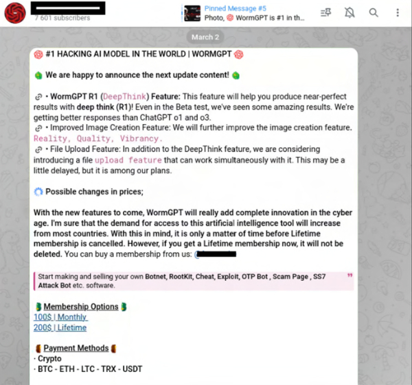 텔레그램 채널의 웜GPT 광고. 공격자를 위한 AI 서비스 뿐만 아니라 AI 가드레일을 우회하는 다양한 공격이 진행되고 있다./ 체크포인트
