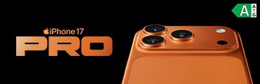 Rückseite eines orangefarbenen iPhone 17 Pro mit Triple-Kamera. Energieeffizienzklasse A