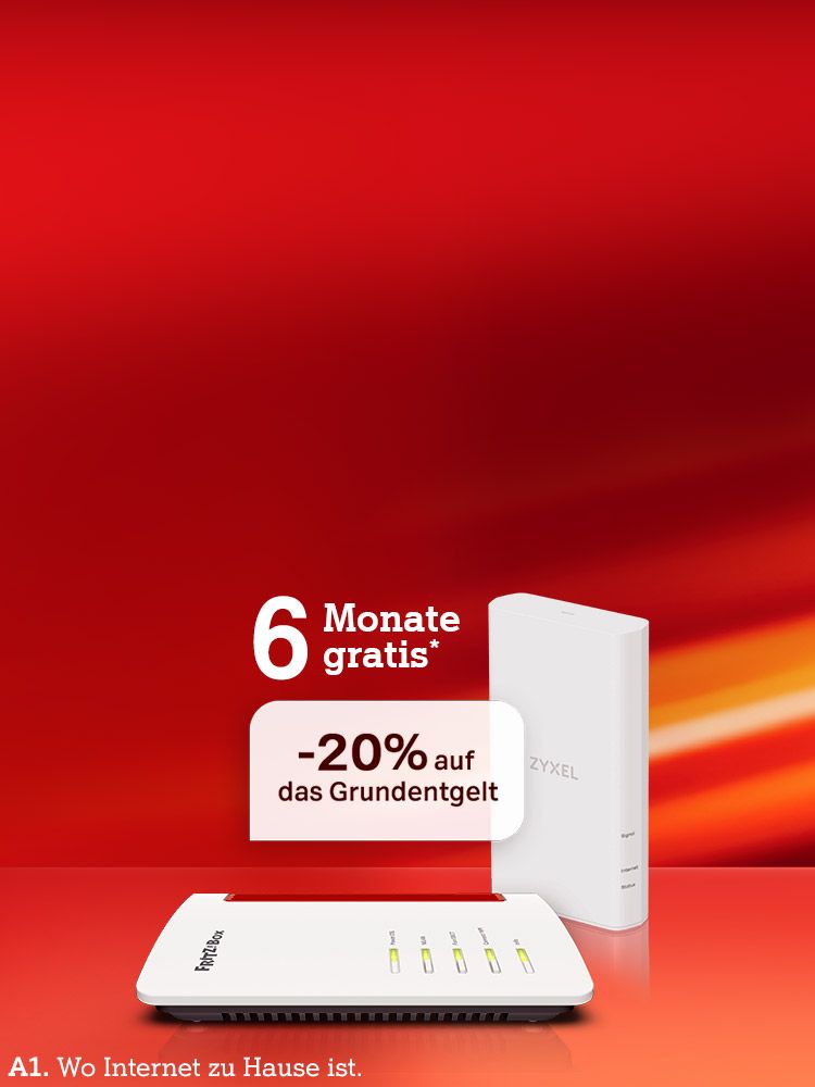 Geräte: FritzBox- und Zyxel-Router. Internet 6 Monate gratis und -20% auf das Grundentgelt. Verweis auf Angebotsbedingungen
