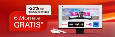Ein Werbebild mit rotem Hintergrund. Ein Monitor zeigt verschiedene Streaming-Dienste wie Netflix, Canal+, Joyn, Sky und Prime Video an. Ein roter Störer bewirbt "6 Monate GRATIS*". Ein weißer Störer daneben informiert über "-20% auf das Grundentgelt". Eine weiße Fernbedienung und Empfänger sind vor dem Monitor platziert.