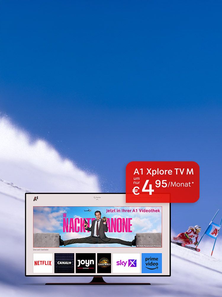 A1 Xplore TV M um nur 4,95 Euro/Monat. Streaming-Apps: Netflix, Canal+, Joyn, Sky X, Prime Video.