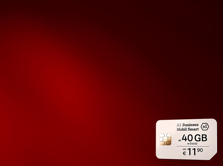 Rötlicher Hintergrund mit einer Sim-Karte-Grafik. Auf der Sim-Karte steht "A1 Business Mobil Smart mit 5G-Logo, ab 40 GB in Ö & EU um € 11,90".
