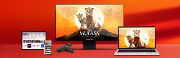 Roter Hintergrund mit MUFASA Der König der Löwen auf Monitor und Laptop; Disney+ Apps.