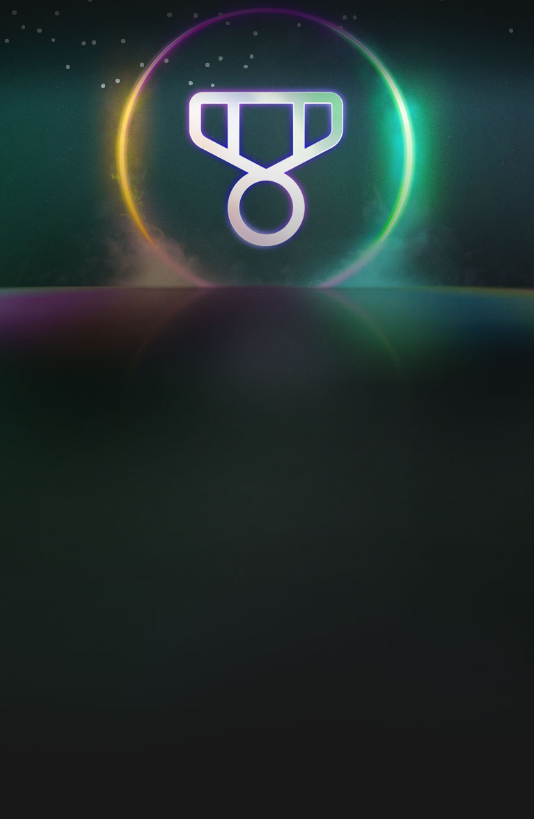 A medal icon inside a glowing neon circle.