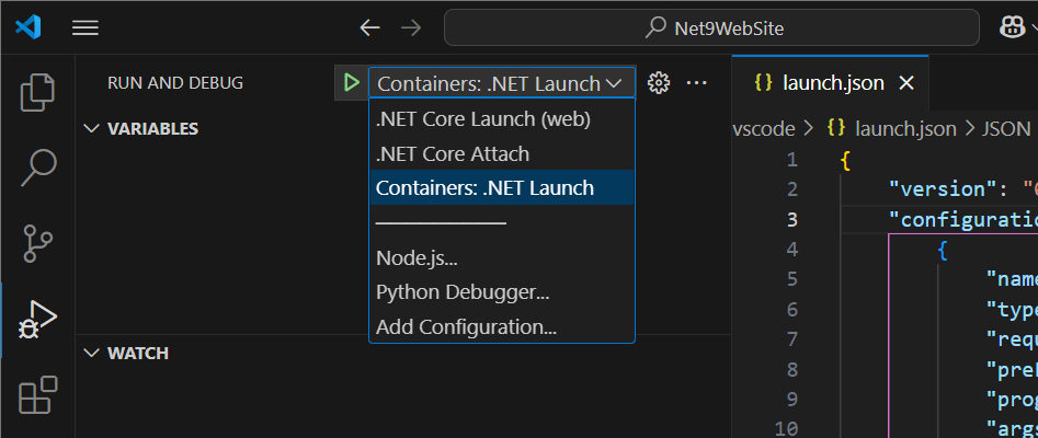 Selected Docker debug configuration