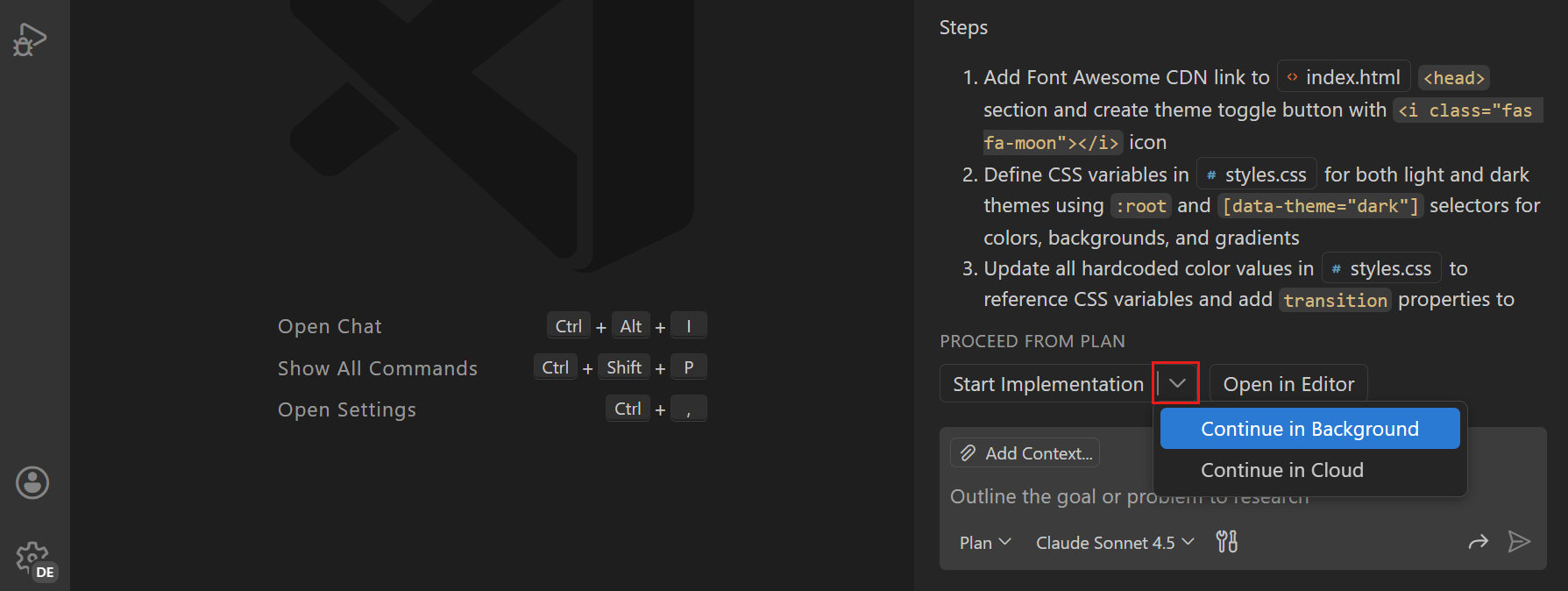 Screenshot showing the Start Implementation button in the Chat view.