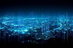 A city with a representation of data superimposed