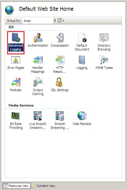Screenshot of the Default Web Site Home screen with a highlight around the Advanced Logging option in the I I S section.