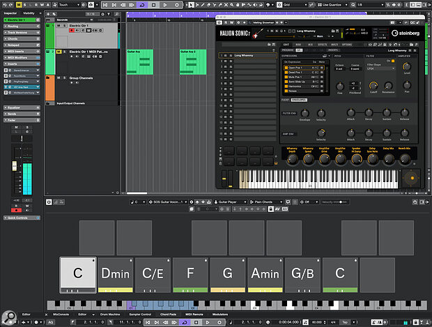 With a suitable HALion Sonic guitar preset, a few carefully voiced Chord Pad chords, and possibly a few DIY MIDI chord arpeggio patterns, it’s easy to create ambient virtual guitar parts.
