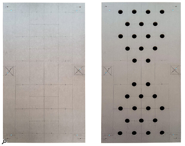 Step 3 (left): Marking out the top panel. Step 4 (right): The drilled top panel, with some holes left undrilled as insurance against calculation errors!