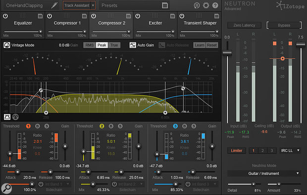 iZotope Neutron’s main interface, showing the five reorderable modules at the top, the controls for Compressor 2 in the central editing pane, and on the right-hand side the Limiter with the Neutrino spectral-shaping controls below it.