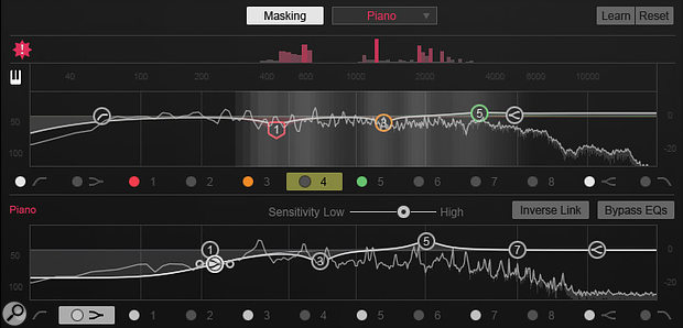 Neutron’s new Masking Meter in action on an electric guitar track, showing how a piano track elsewhere in the mix is competing with it in the frequency domain. The red Histogram display across the top keeps a tally of the number of frequency collisions within a  user-definable time window, while the bleaching out of the guitar’s spectrum display below it indicates the amount of masking going on in real time. The lower spectrum display and EQ curve belong to the piano track, allowing you to conveniently tweak the equalisation on both channels from a single plug-in window.