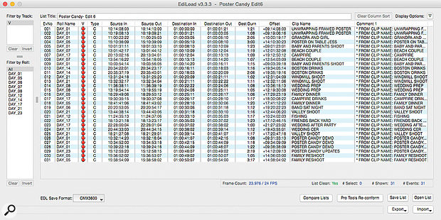 The same EDL loaded into the conforming tool EdiLoad.