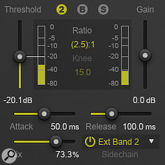 Neutron’s Compressor module provides several advanced per-band features that significantly expand its usefulness: a  ‘bottom-up’ compression option (shown by the bracketed ratio value), a  wet/dry mix control, and an independent frequency-tailored side-chain input.