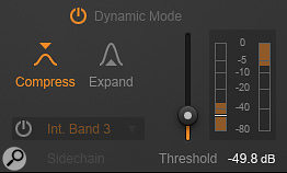 Most of the Equalizer module’s filter types can be switched to dynamic operation, and will operate in either compressor or expander mode. The per-band side-chain input allows for a  range of mind-bending mix-salvage stunts, although unfortunately there are no ratio, attack or release controls to refine the gain-change characteristics.