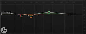 To help illustrate the extent of Track Assistant’s EQ customisation, here are three Equalizer curves created using its default ‘Broadband Clarity’ and ‘Medium’ settings. The three source sounds were, from top to bottom, an MPC-programmed distorted drum loop, a live drums bus, and a solo triangle percussion layer, all of which the algorithm assigned to Neutrino’s ‘Drums/Percussive’ category. Notice how the number of filters, the filter types, and the filter slopes remain unchanged, despite the big sonic differences between the source tracks. The only thing that does change is the filter frequencies.