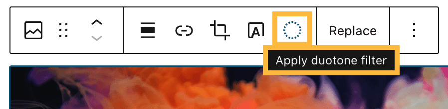 デュオトーンフィルターアイコンのツールチップがハイライト表示されたブロックツールバー。