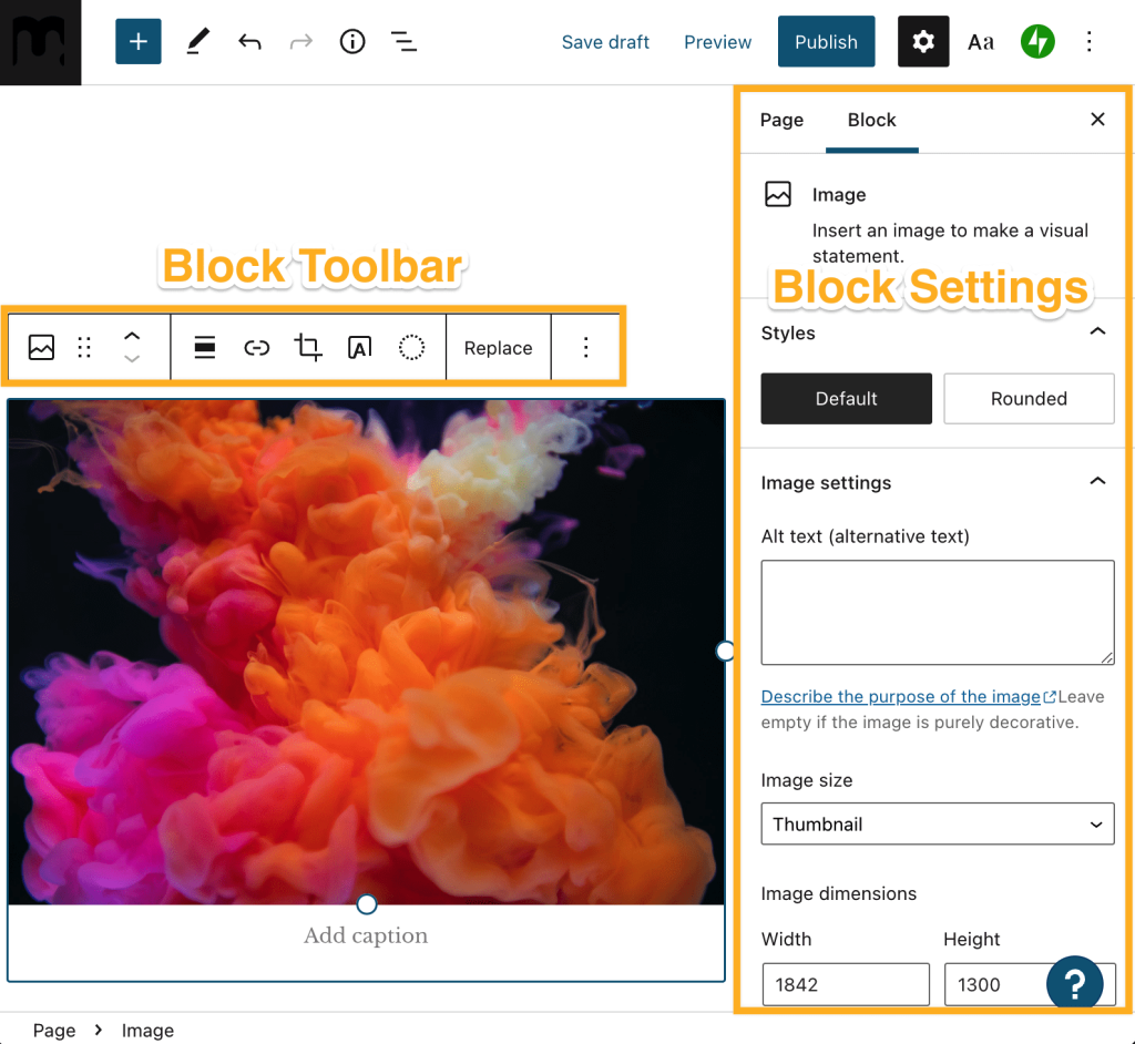画像ブロックが選択された WordPress エディター。画像の上の「ブロックツールバー」とエディターの右にある「ブロック設定」がハイライト表示されている。