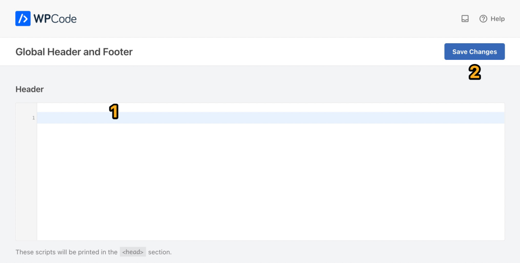 WPCode (Insert Headers、Footers、Code Snippets プラグイン) にはいくつかのセクションがありますが、一番上はヘッダーにコードを追加するためのものです。一番下には「これらのスクリプトは先頭のセクションに表示されます」という注意書きがあります。
