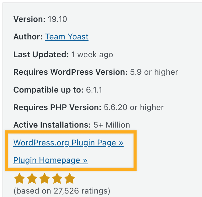 「外掛程式詳細資料」頁面,其中 WordPress.org 外掛程式頁面和「外掛程式首頁」的連結周圍有方塊標示。