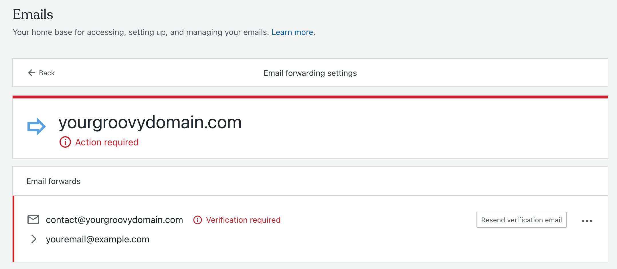 Email activation warning for unconfirmed email forwards.