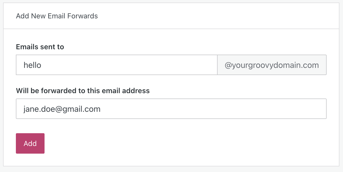 "Hello" is written in the emails sent to box, and a personal gmail address entered into the forwarding box.