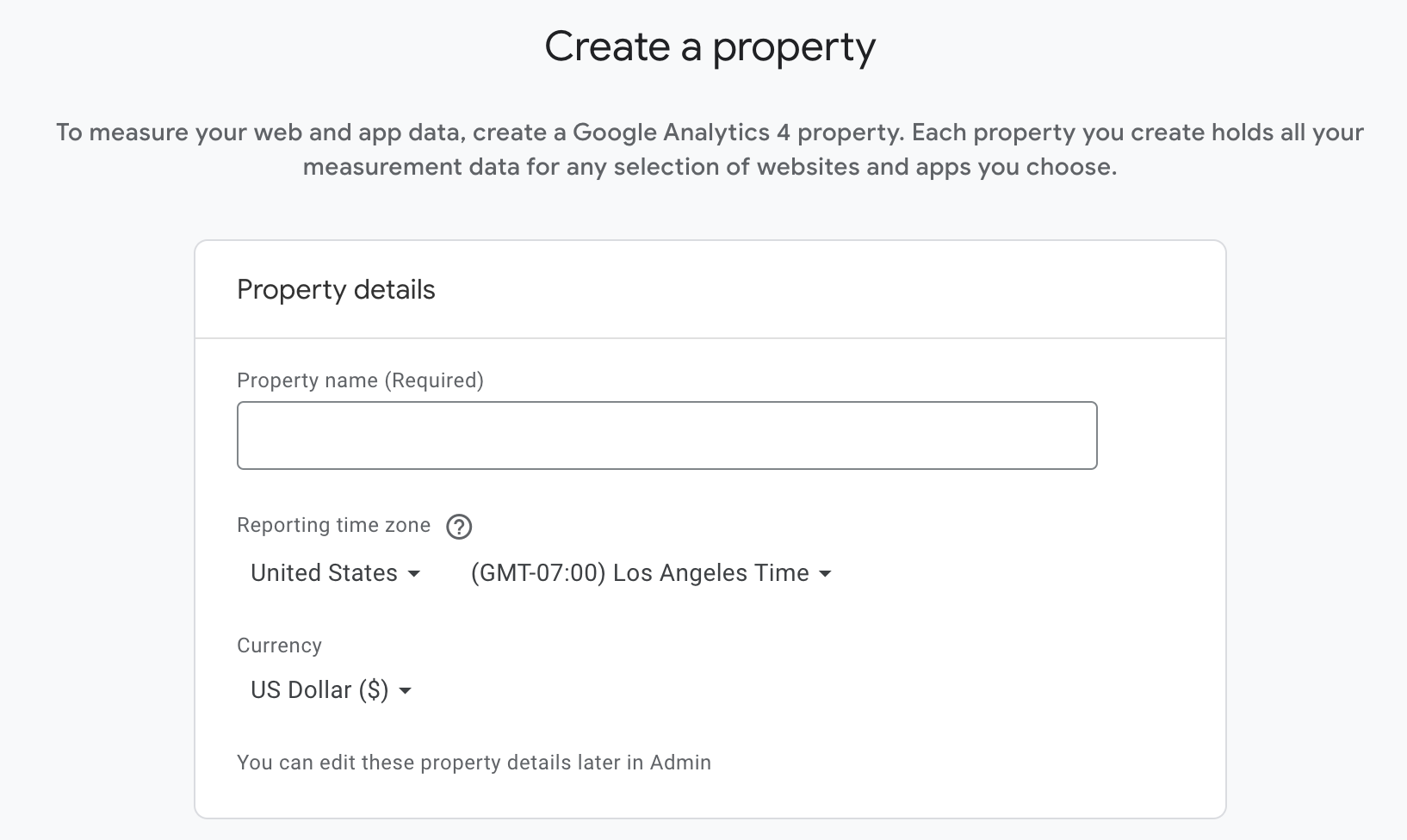 The "Create a property" screen in Google Analytics.