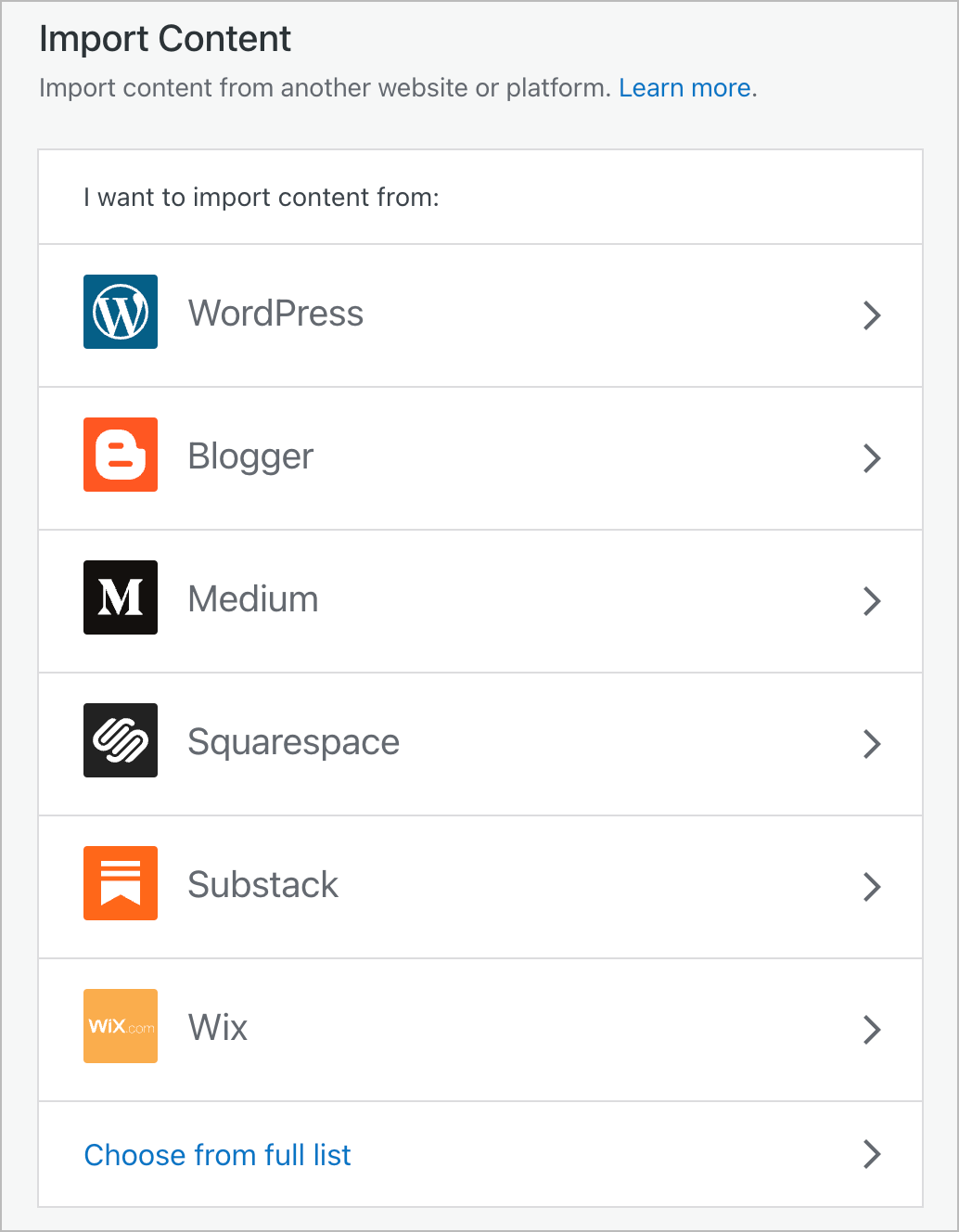 Import options to WordPress.com, including WordPress at the top of the list.