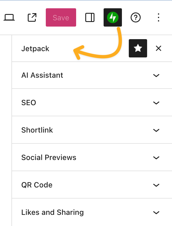 トップメニューの設定アイコンからサイドバーの「Jetpack」タブに向かって引かれた矢印。