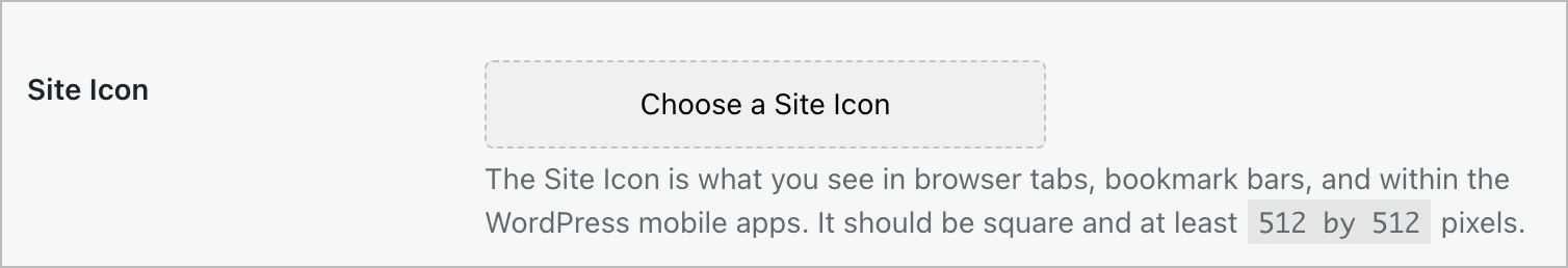 Der Abschnitt „Website-Icon“ der allgemeinen Einstellungen mit der Option „Ein Website-Icon auswählen“
