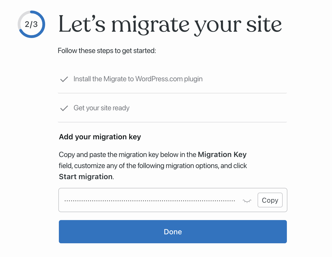 Copy button to copy the migration key in your WordPress.com dashboard.