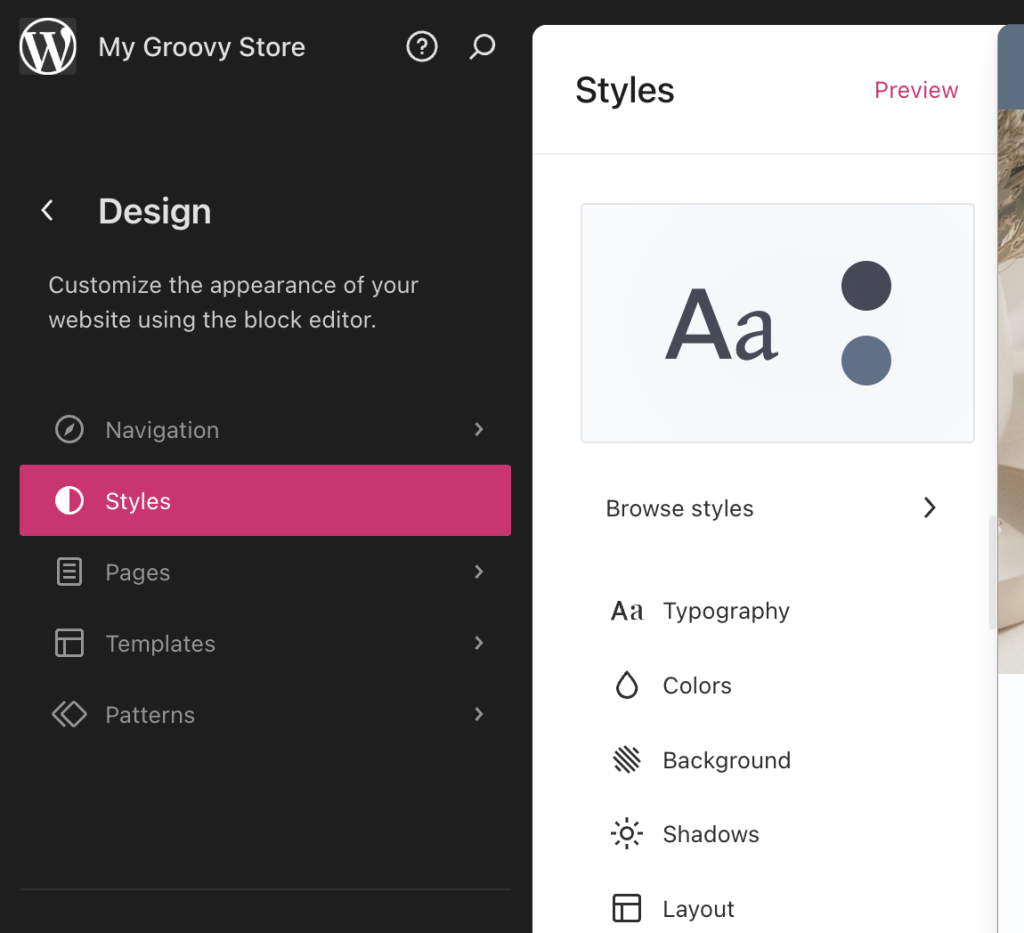 The Site Editor open to the Design panel with the Styles menu activated.