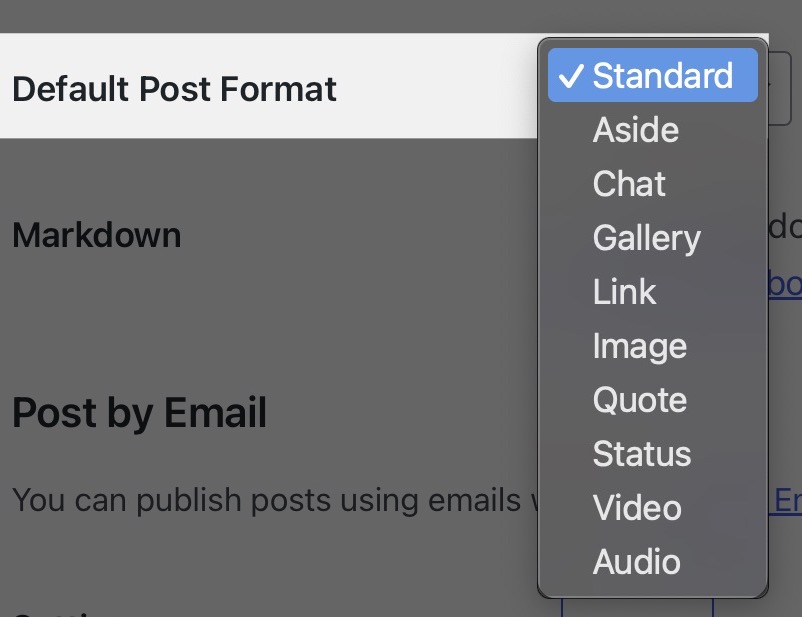 The Default Post format section expanded to display the different post format options.