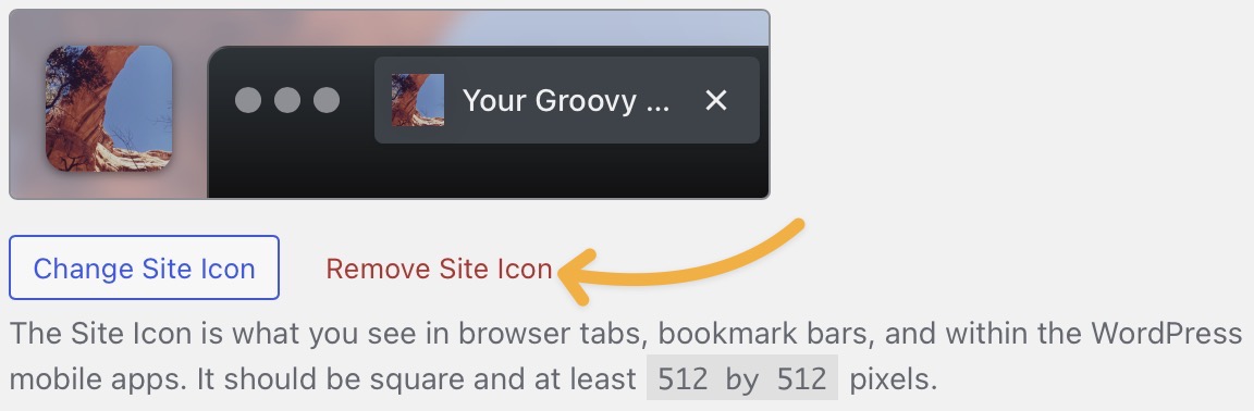 Der Link unter der Website-Icon-Vorschau mit der Bezeichnung „Website-Icon entfernen“.
