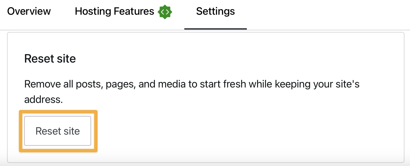 The Reset site section of Hosting Settings with a box drawn around the "Reset site" button.