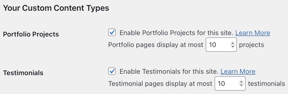 The Custom Content Types section of Writing settings with check boxes to enable Portfolio Projects and Testimonials.
