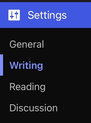 The "Settings" menu open with "Writing" highlighted.