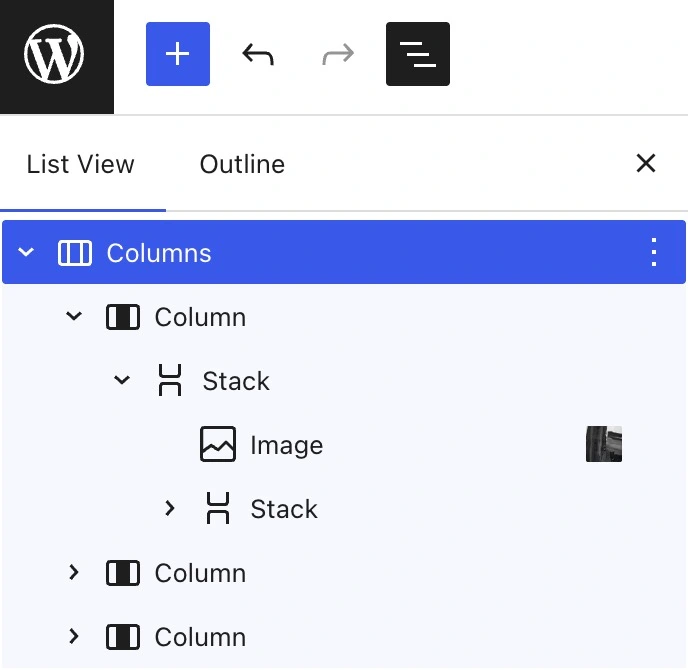 A list of blocks, with Columns selected.