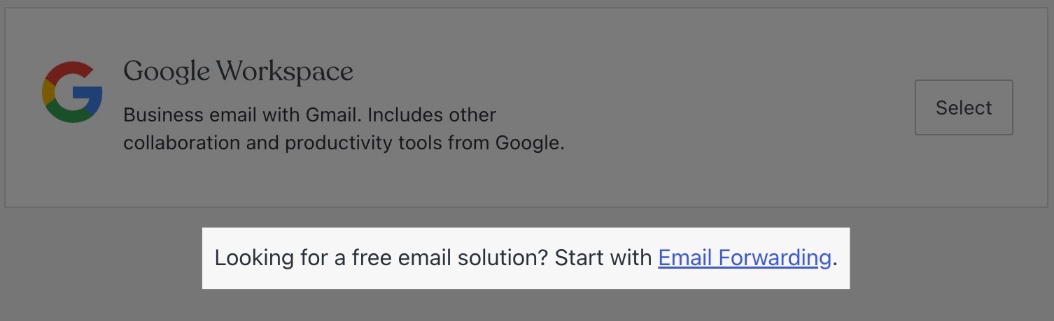 The bottom section of the Emails page with the "Looking for a free email solution? Start with Email Forwarding" link highlighted.