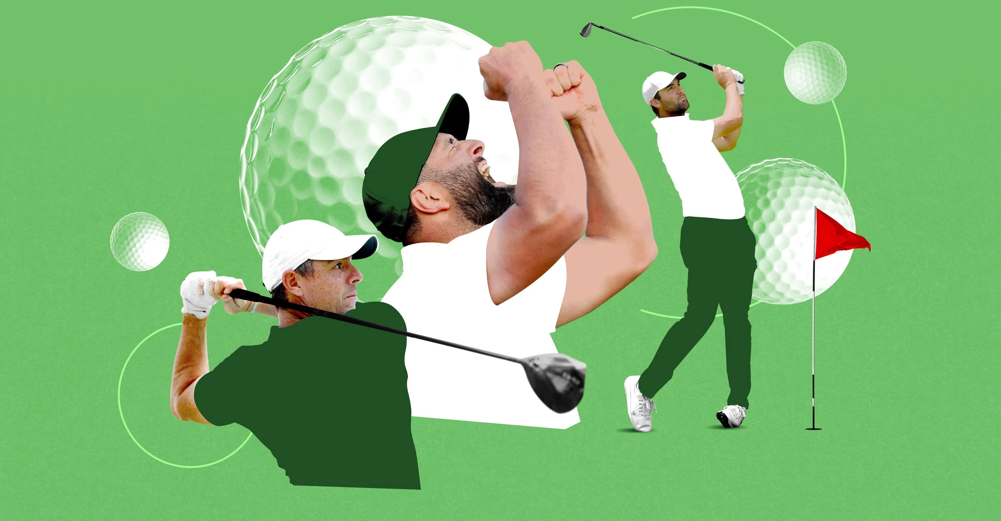 An illustration of golfers Rory McIlroy, Jon Rahm and Scottie Scheffler.