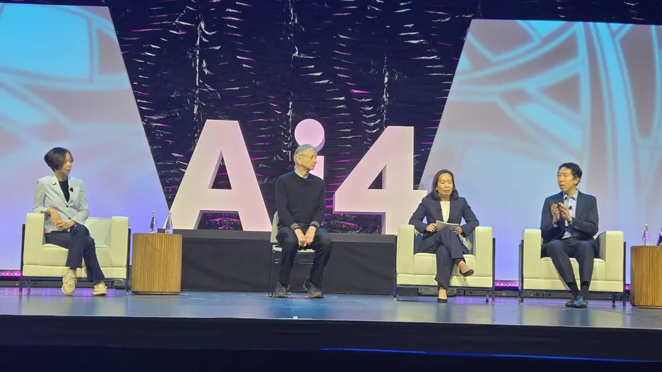 AI leaders Fei-Fei Li, Geoff Hinton, and Andrew Ng on the stage at Ai4 2026 in Las Vegas