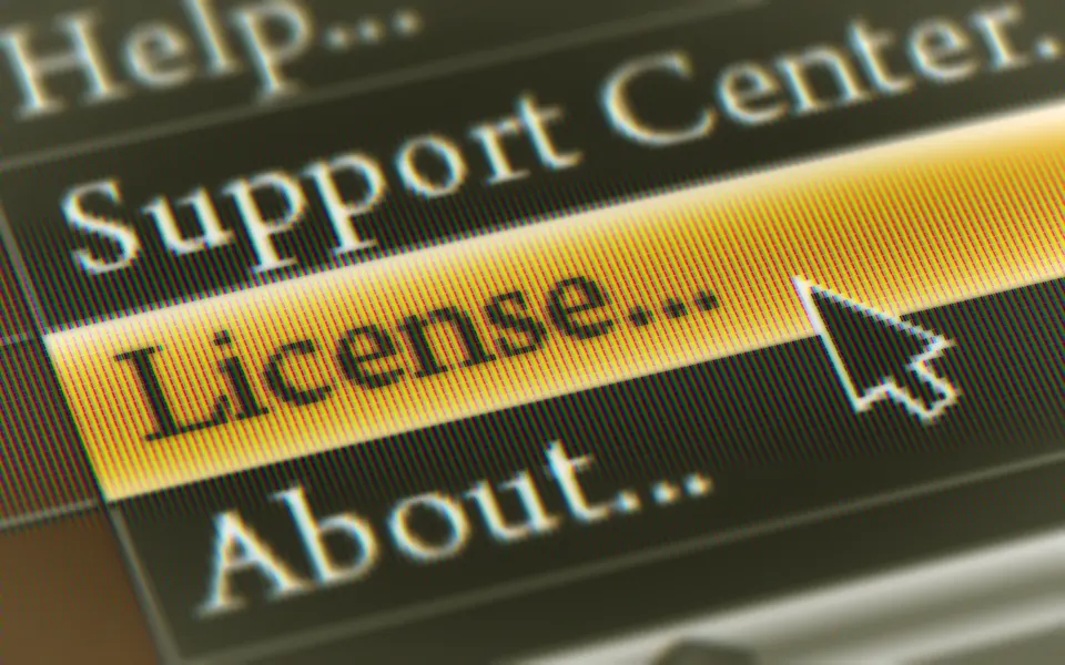 Software help menu with the License option highlighted, illustrating AI vendor lock-in and the contract terms buyers never read.