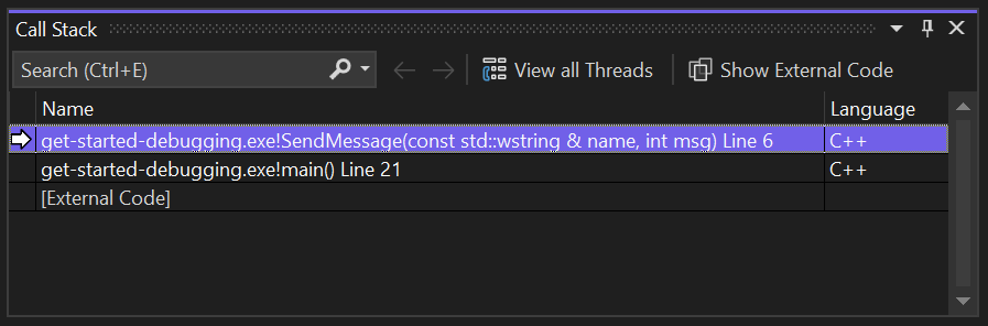Visual Studio 2022 で呼び出し履歴を調べる方法を示すスクリーンショット。