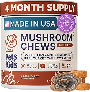 Pets are Kids Turkey Tail Mushroom for Dogs with Organic Real Turkey Tail™ - 8:1 Extract Mushroom Chews for Immune System Health, Gut, Skin &amp; Joint Support - Reishi, Lion's Mane - 120 Chews